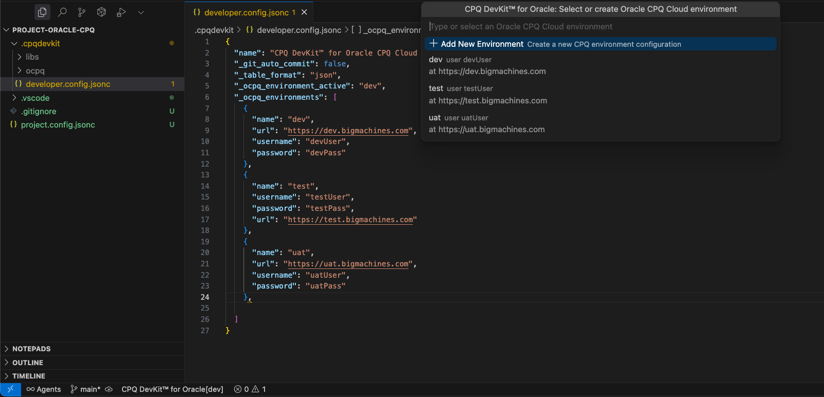 Status bar with environment